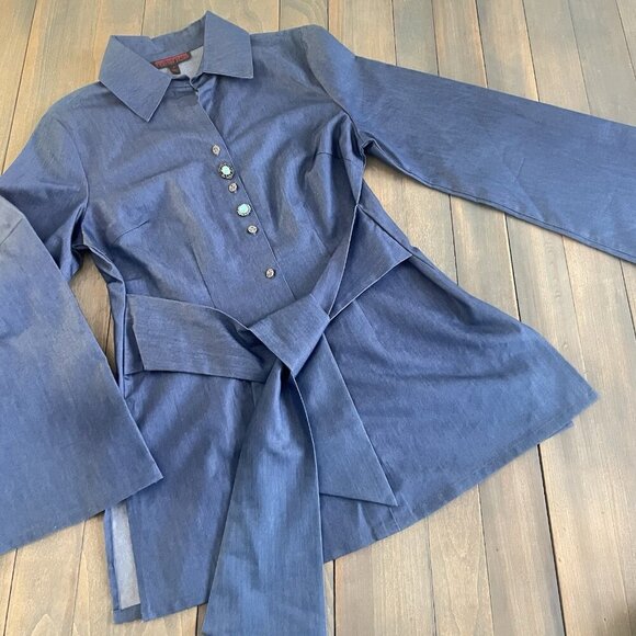 Mishca Blue Long Sleeve Shirt Dress w/Belt & Turquoise Ornate Buttons Size 8(MM) - Picture 1 of 9